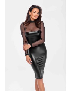 Robe moulante Sublime F310 wetlook et tulle floqué