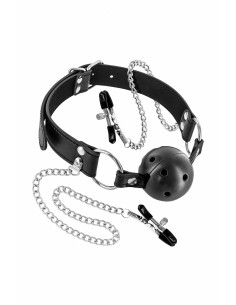 Bâillon boule rigide et pinces à seins
