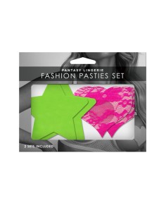 Set caches-tétons étoile vert fluo et cur rose fluo 2