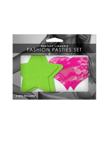 Set caches-tétons étoile vert fluo et cur rose fluo