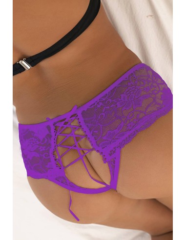 Tanga ouvert dentelle lacé Violet - Litolu Lingerie