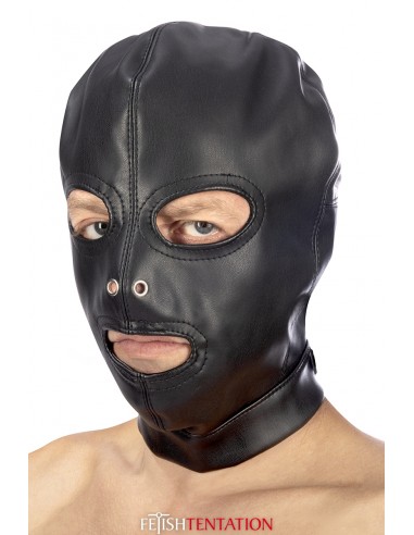 Cagoule BDSM 3 ouvertures en simili cuir - Fetish Tentation Cagoule BDSM 3 ouvertures en simili cuir - Fetish Tentation